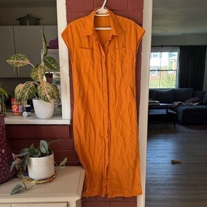 Grae Cove Linen Cotton Blend Sleeveless Orange Button-Front Midi Dress